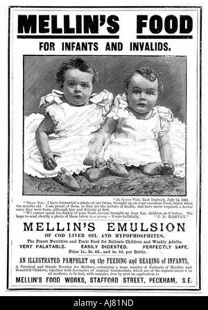 Magazin Werbung für Mellin der Emulsion, ein Nahrungsergänzungsmittel auf der Basis von Lebertran, c 1890. Artist: Unbekannt Stockfoto