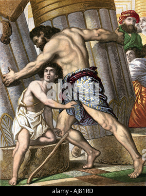 Samson nach unten ziehen den Tempel Dagons, Gott der Philister, Mitte des 19. Jahrhunderts. Artist: Unbekannt Stockfoto