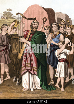 König David spielt Harfe vor der Lade, Mitte des 19. Jahrhunderts. Artist: Unbekannt Stockfoto