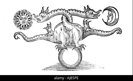 Alchemistische Symbol, das die Umwandlung von unedlen Metallen in Silber und Gold, 1652. Artist: Unbekannt Stockfoto