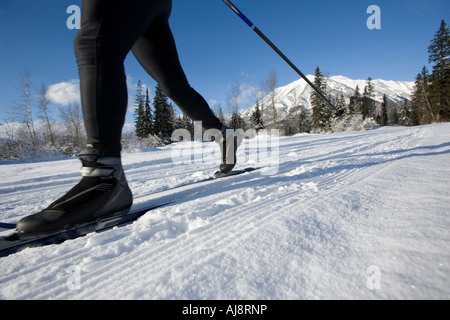 Mann mittleren Alters x-c Skifahren auf präparierte Langlauf-Loipen Stockfoto