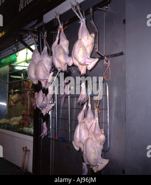 Puten zum Verkauf an Weihnachten hängen außerhalb Metzger-Shop in England Oxford Markthalle Stockfoto