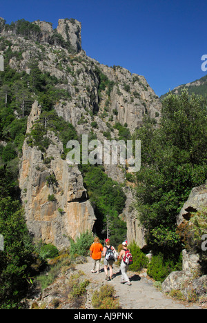 Weibliche Touristen trekking im Tavignano-Tal, Korsika, Frankreich, Europäische Union Stockfoto