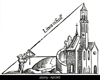 Mit einem Viertelkreis mit einem Lot die Höhe von einem Turm durch Triangulation, 1551 zu berechnen. Artist: Unbekannt Stockfoto