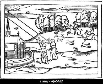 Mit astrolabien die Höhe von einem Kirchturm, 1539 zu berechnen. Artist: Petrus Apianus Stockfoto
