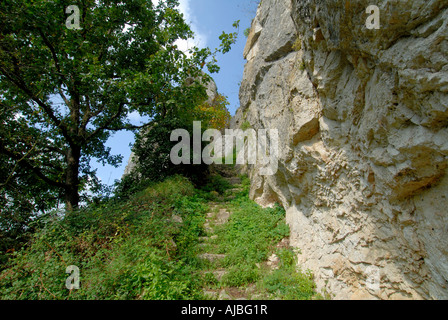 Englische Schritte Weg zum Schloss von Winkel-Sur-l'Anglin (86260), Vienne, Frankreich. Stockfoto