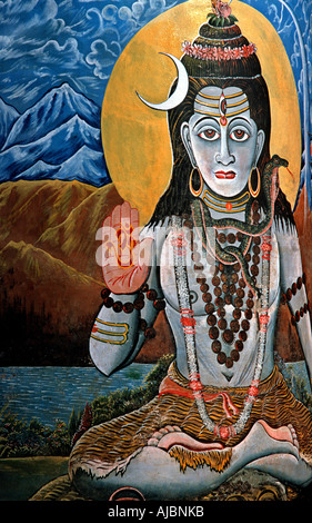 Gemälde an der Wand neben einem Ghat in Varanasi Indien Darstellung Krishna Stockfoto
