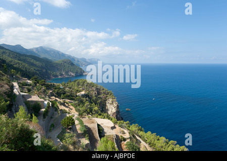 Blick von der Mirador Torre del Küster in der Nähe von Banyalbufar, Westküste, Mallorca, Spanien Stockfoto