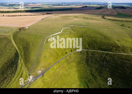 Die alten weißen Pferd Kreidefigur an Uffington Oxfordshire in England aus der Luft JMH1712 Stockfoto