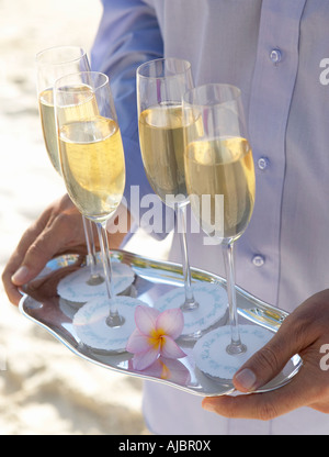 Close-up auf Händen mit Tablett mit Champagner-Gläser Stockfoto