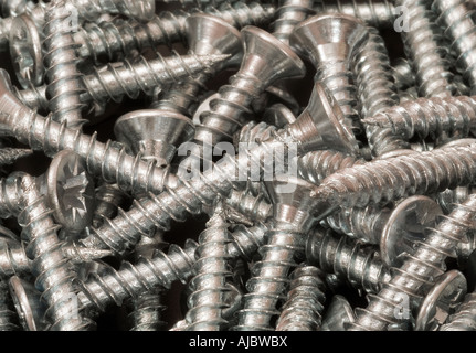 Nahaufnahme der Schrauben für DIY aus Eisen und Holz mit einem Schraubendreher eingeschraubt oder sogar gehämmert Stockfoto