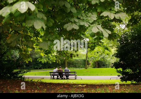 Drei Männer sitzen auf einer Parkbank Stockfoto