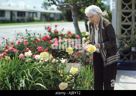 95 Jahre alte Großmutter in ihrem Rosengarten bei Freizeitwelt in Kalifornien Stockfoto