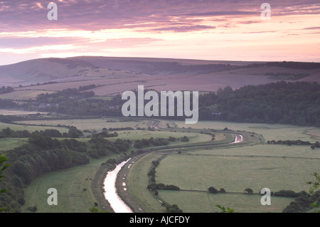 Sonnenaufgang über den South Downs und Cuckmere Tal Sussex England Sommer Stockfoto