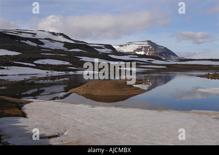 Teilweise noch gefroren Schmelzwasser Pool und den Berg Bjolfur im Bereich von Fjardarheidi in der Nähe von Seydisfjordur East Island Stockfoto