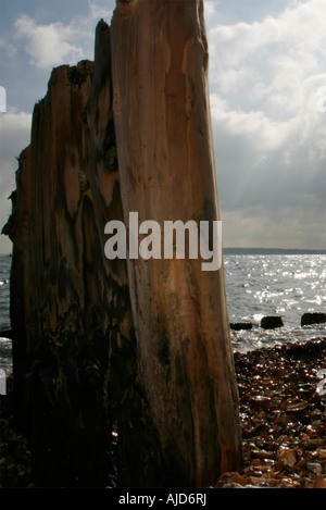 Eine hölzerne Buhne, umrahmt von einer imposanten Gewitterhimmel Calshot Spit, Southampton, Hampshire Stockfoto