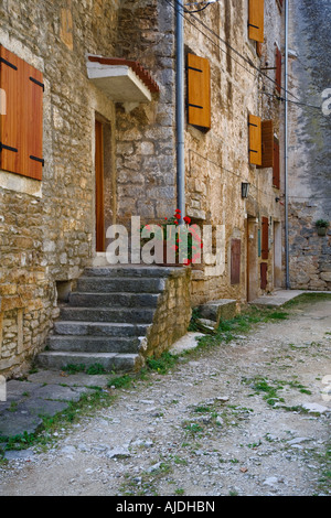 Blumentopf sitzt auf Steintreppe im kroatischen Dorf Bale. Stockfoto