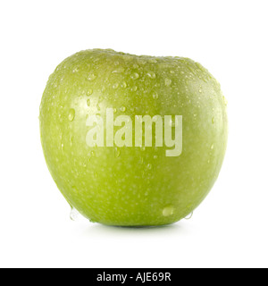 Grünen Granny Smith Apfel mit Wassertropfen drüber laufen Stockfoto