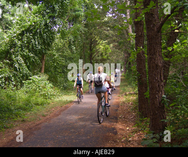 Massachusetts Cape Cod Familie Radfahren auf Cape Cod Rail Trail in der Nähe von Orleans Stockfoto