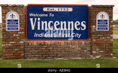 Willkommen bei Vincennes Indiana Zeichen Stockfoto