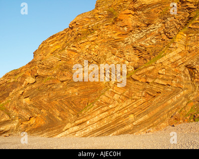 Zick-Zack-Falten in den karboniferen Ablagerungen in Millook Haven, Atlantic Heritage Coast, North Cornwall, England, Großbritannien Stockfoto