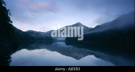 Einen stimmungsvollen Blick auf Llyn Gwynant mit Nebel steigt über die Bäume auf dem Grundstück Hafod y Llan Snowdonia Wales Stockfoto