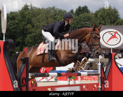 Junge Dame ein Reiten-Kleid und einem Reithelm beim Springen auf einem Bloodstock Pferd springen Stockfoto