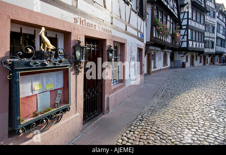 Vergoldete Storch Adornong das Menü-Fenster eines Restaurants in La Petite France der Altstadt von Straßburg Stockfoto