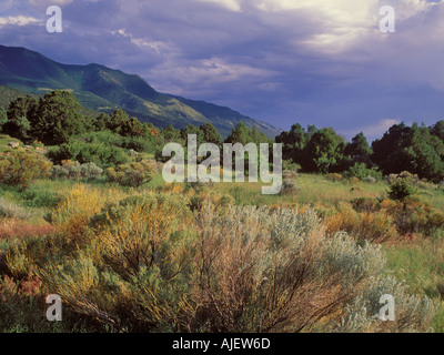 Grünland mit Sangre De Cristo Mountains und Clearing-Sturm Stockfoto