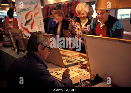 Künstler-Malerei im Stall Festland Chinesen Immigrant Pike Place Market Seattle Washington Stockfoto