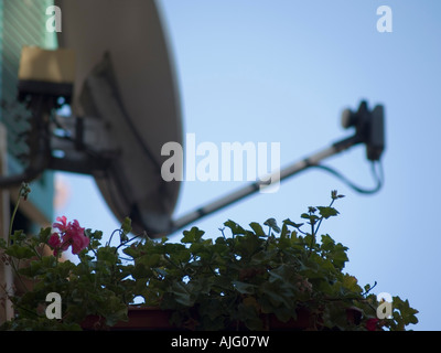 Sat-TV Gerichte stehen im Kontrast zu älteren Häusern Stockfoto