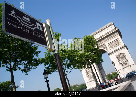 Frankreich-Ile De France Paris-Schild am Eingang zur Fußgängerzone Tunnel unter Place Charles De Gaulle zum Arc De Triomphe Stockfoto