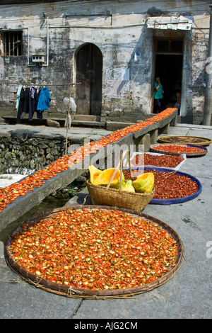 Chili Trocknen auf eine steinerne Brücke Likeng Wuyuan County China Stockfoto