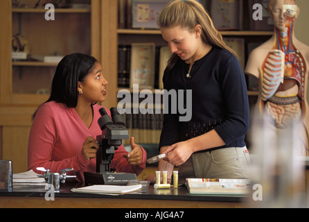 Asiatische amerikanische und kaukasische weibliche Studenten, Wissenschaft Experiment in der Mitte der Schule Wissenschaft Kategorie mit Mikroskop und andere Laborgeräte Stockfoto