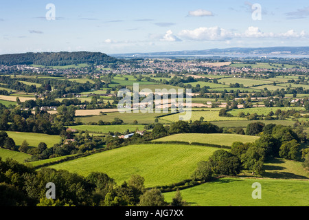 CAM und Dursley im Severn Vale von der Cotswold-Scharbe aus gesehen, in der Coaley Peak Picnic Site, Gloucestershire, Großbritannien Stockfoto