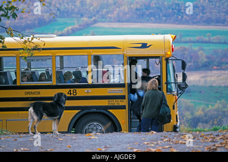 Der Hund der Familie beobachtet eine Gruppe von Kindern auf eine Schule in einem ländlichen Gebiet Stockfoto