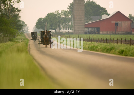 Amische Pferd und Buggy entlang einer Landstraße in der Nähe von Arthur Illinois Stockfoto