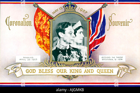 1937-Krönung-Postkarte anlässlich der Krönung von König George VI und Queen Elizabeth The Queen Mother Stockfoto