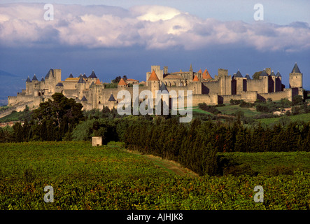 feudalen Festung, Zitadelle, Stadtmauer, Militärfestung, Katharer Kriege, Albigensian Kreuzzug, La Cite, Carcassonne, Languedoc-Roussillon, Frankreich Stockfoto