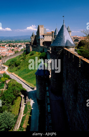 feudalen Festung, Zitadelle, Stadtmauer, Militärfestung, Katharer Kriege, Albigensian Kreuzzug, La Cite, Carcassonne, Languedoc-Roussillon, Frankreich Stockfoto