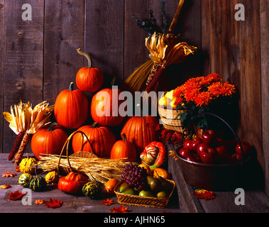 Herbst-Stilleben mit Kürbissen und Saisongemüse und Kürbisse auf einer alten verwitterten Barnwood Hintergrund Stockfoto