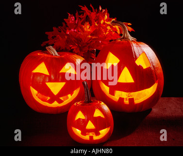 Drei lustige Jack O Lantern Kürbisse grinsend im Vorgriff auf Halloween Feiertag Stockfoto