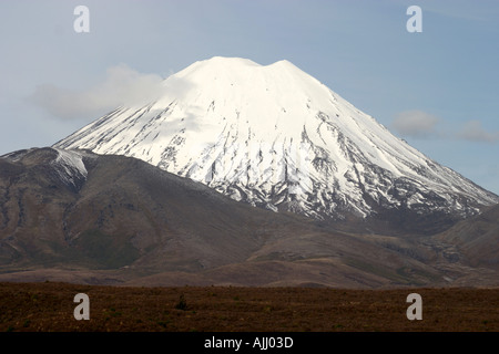 Schneebedeckte Mt Ngauruhoe der perfekte konische Vulkan Nordinsel Neuseeland Stockfoto