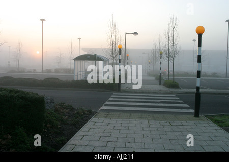 Reihe von Zebrastreifen Dehnung in die Ferne an einem nebeligen Tag auf einem Supermarkt-Parkplatz Stockfoto