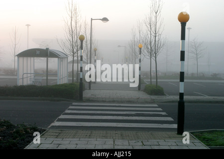 Reihe von Zebrastreifen Dehnung in die Ferne an einem nebeligen Tag auf einem Supermarkt-Parkplatz Stockfoto