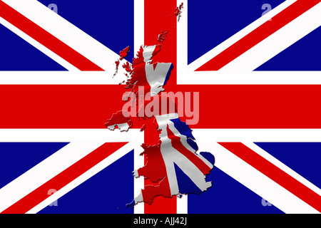 Vereinigtes Königreich-Karte und Union Jack-Flagge-Konzept. Nationalflagge des Vereinigten Königreichs Stockfoto
