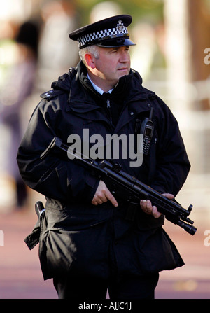 Ein bewaffneter Metropolitan Polizist mit einem Maschinengewehr Stockfoto