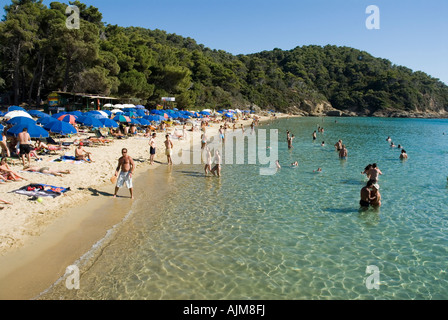 Krasa oder Banana Beach Nordküste Skiathos Sporaden Ägäis Griechenland Mittelmeer Stockfoto