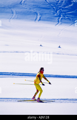 Eine Frau Skate Ski eine Spur im Sonnenschein in Crested Butte Colorado Stockfoto