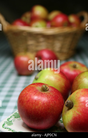 Nahaufnahme von Cox Äpfel mit Schwerpunkt Äpfel lose und in einem Korb im Hintergrund Stockfoto